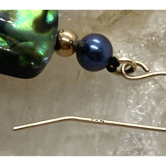 Vintage 10K Yellow Gold Abalone Shell Pearl Dangle Drop Earrings 2.2g - Picture 7 of 8